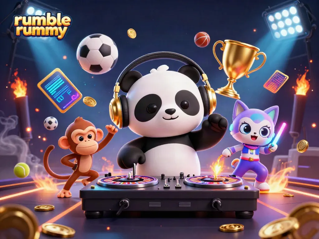 Engage in Rumble Rummy with a vibrant scene of fun characters and dynamic gaming elements.