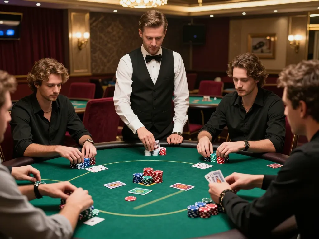 Players enjoying a thrilling poker game at MM99 casino with vibrant chips and focused expressions