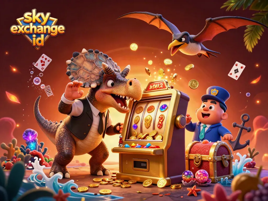 Exciting scene of Sky Exchange ID with a pachycephalosaurus activating a jackpot slot machine in a bustling casino.