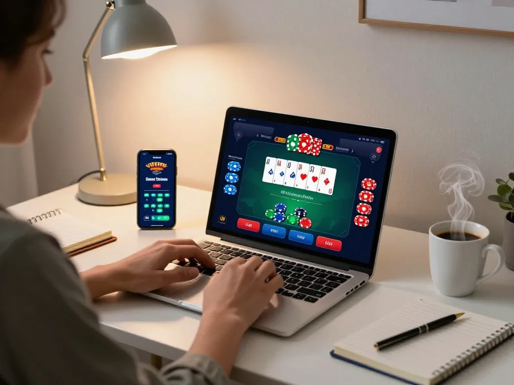 Engaging in đăng ký go99 at home using a laptop and strategizing with notes for online poker.