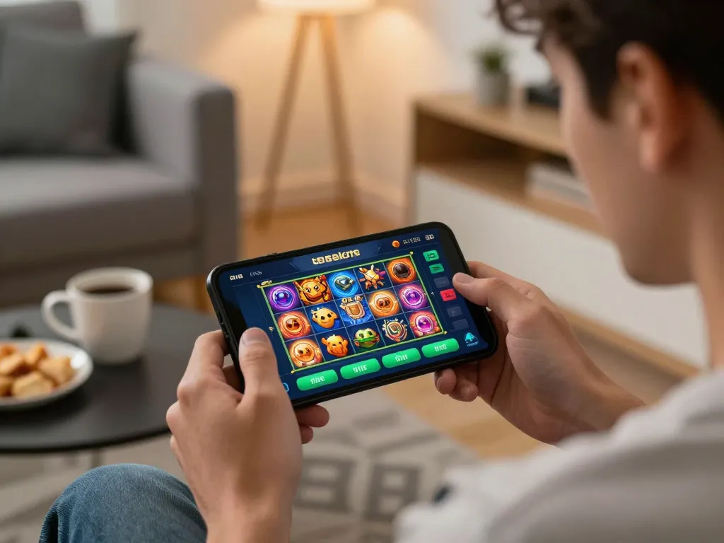 Engaged user playing kdslots on mobile with colorful slot games visible, cozy home atmosphere