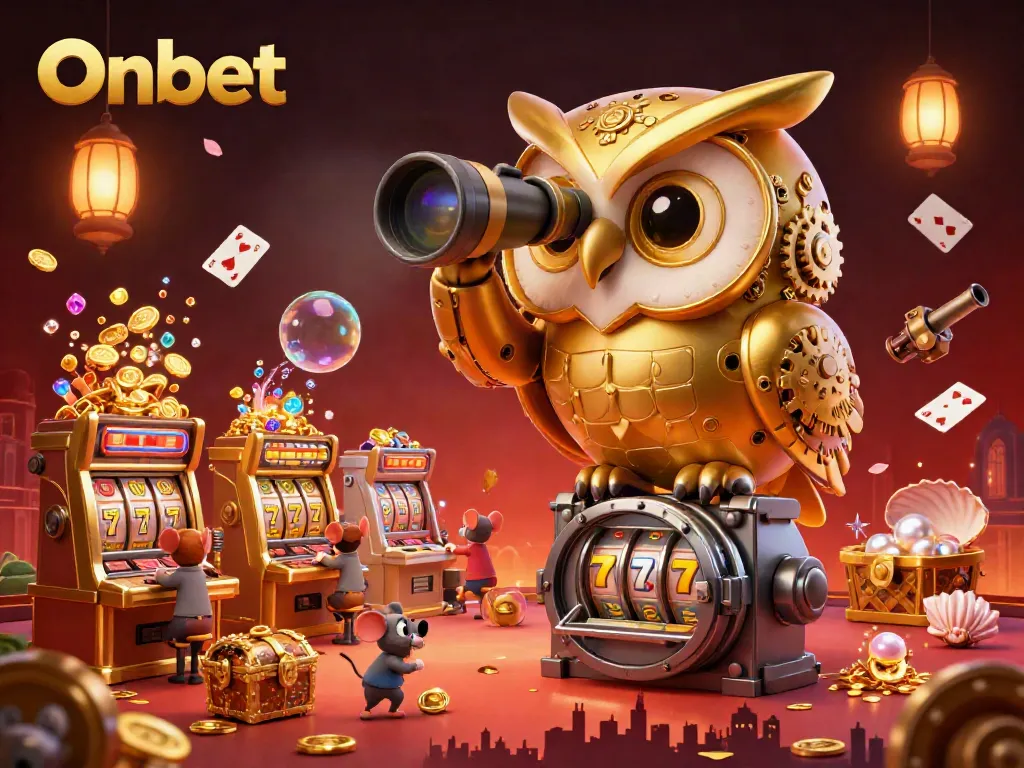 Experience the thrill of Onbet with a vibrant casino scene featuring a golden owl, lively slot machines, and dynamic game elements.