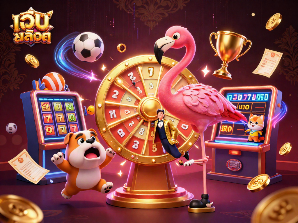 Experience thrilling เว็บสล็อต action as a flamingo host spins a prize wheel amidst dynamic game elements.