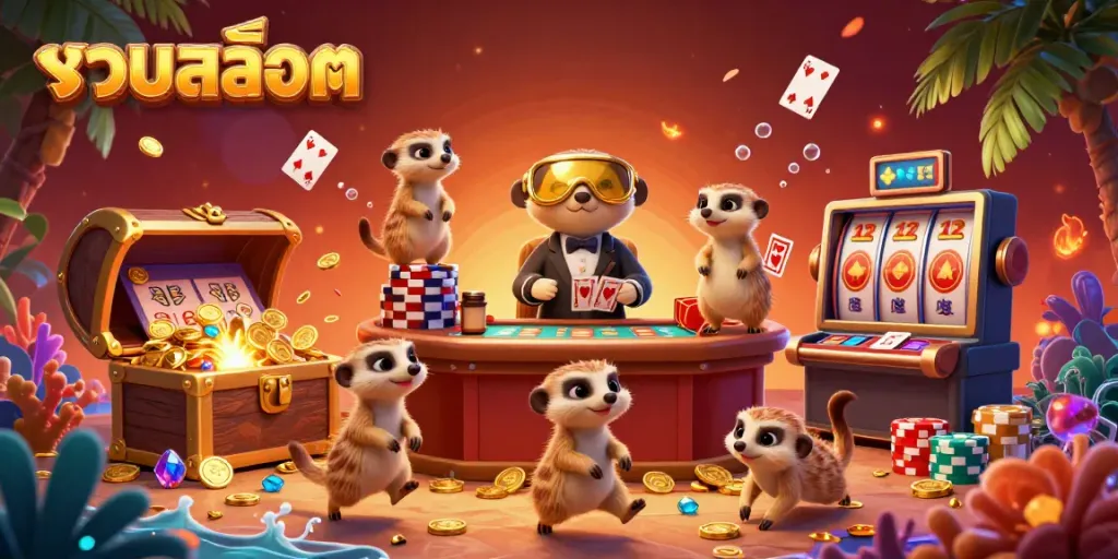 Experience รวมสล็อต with meerkats managing a vibrant casino filled with gold coins and gem treasures.
