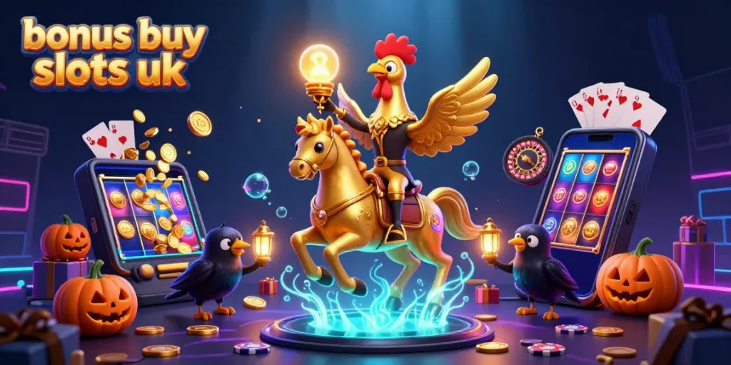 Experience bonus buy slots uk with golden rooster and casino elements in a vibrant 3D illustration.