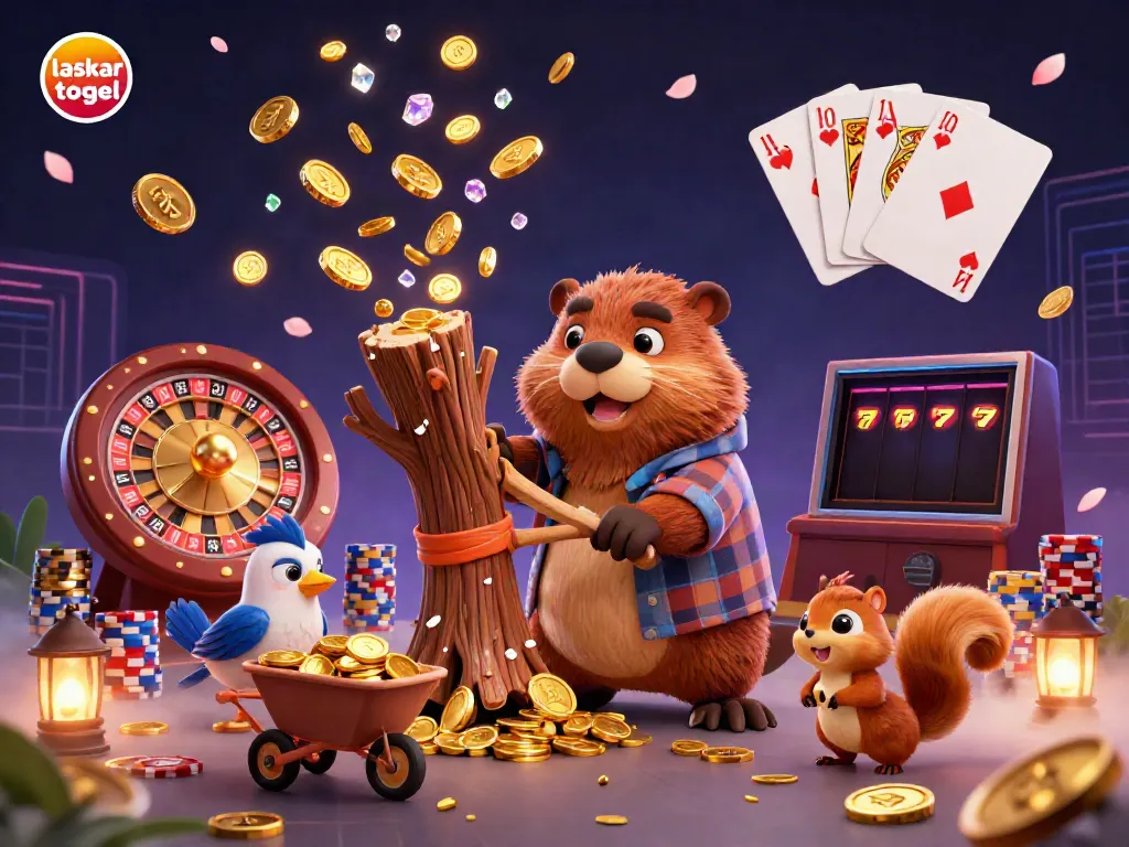 Laskar togel gaming scene with a lumberjack beaver collecting coins and vibrant casino elements.
