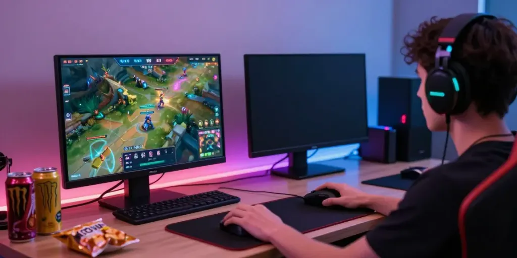 Player immersed in games on ORION88 APK with vibrant graphics and gaming accessories.