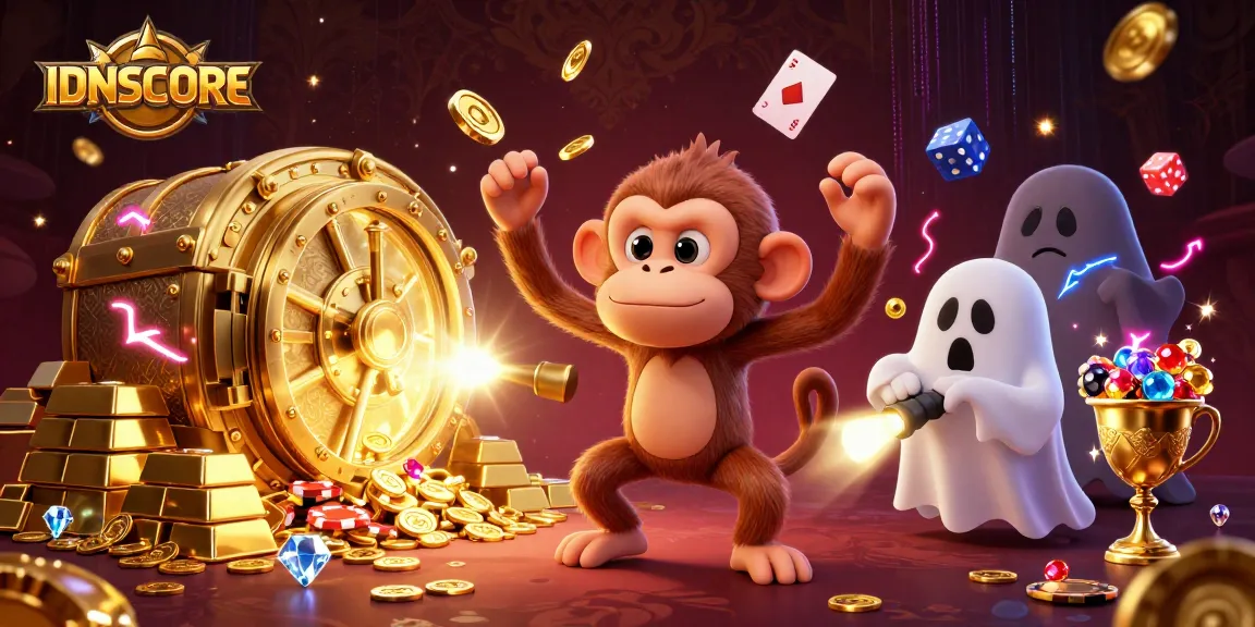 Engage with IDNSCORE in a vibrant casino scene featuring playful elements and glowing treasures.