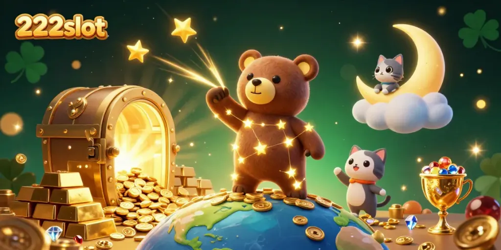 Mainkan 222slot dengan ilustrasi luar biasa yang menunjukkan karakter beruang bintang, koin, dan harta karun berkilau.