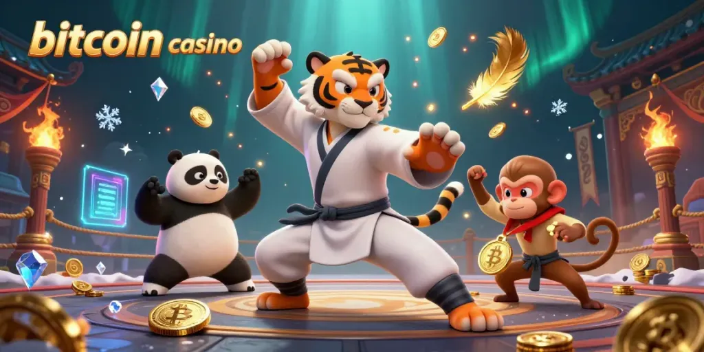 Experience thrilling action at a bitcoin casino with engaging characters and dynamic casino elements.