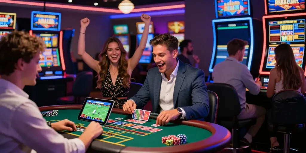 Diverse players enjoying interactive gambling experience at XX88 casino with lively atmosphere and digital betting screens.