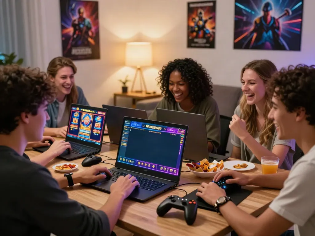 Pengalaman judi pragmatic online di ruang tamu modern dengan teman-teman memainkan permainan slot.
