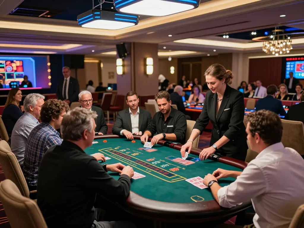 O8 players engaging in intense blackjack gameplay with a professional dealer in a vibrant casino.
