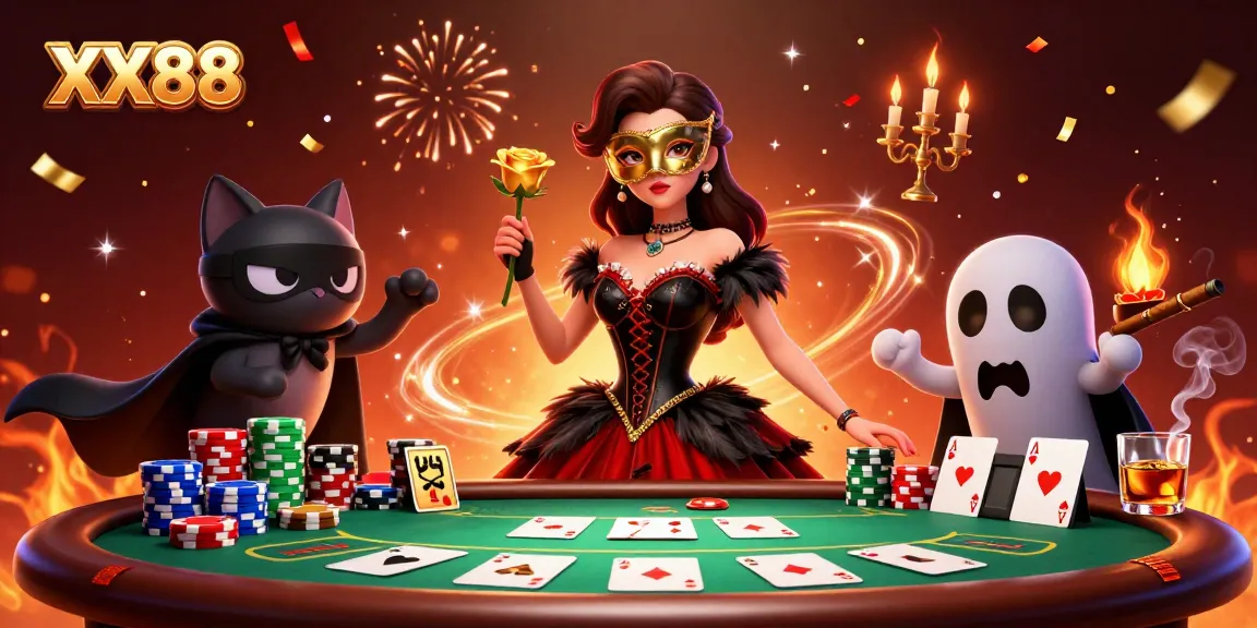Engage with XX88's exciting poker scene, featuring a glamorous woman and vibrant casino elements.