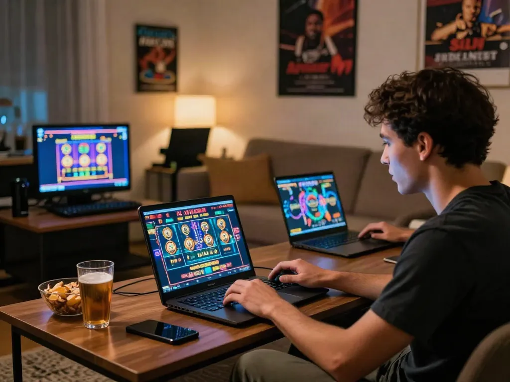 A player enjoying akunjp online gambling experience in a cozy living room.