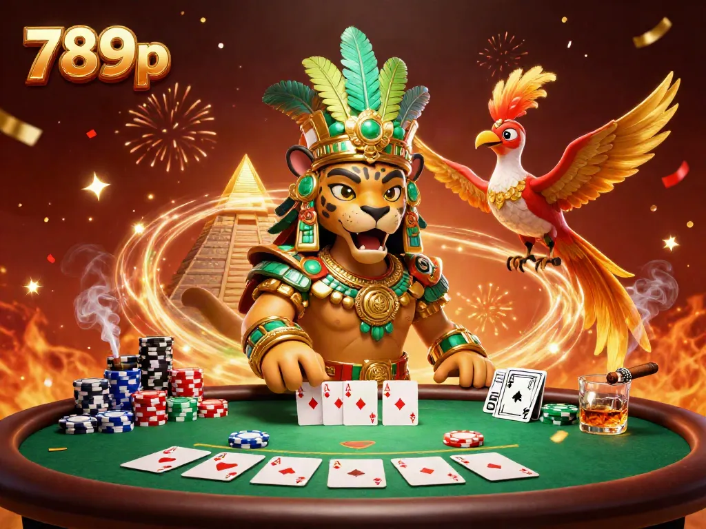 Engage in thrilling gaming with 789p's dynamic casino scene featuring a Mayan priest and quetzal bird.