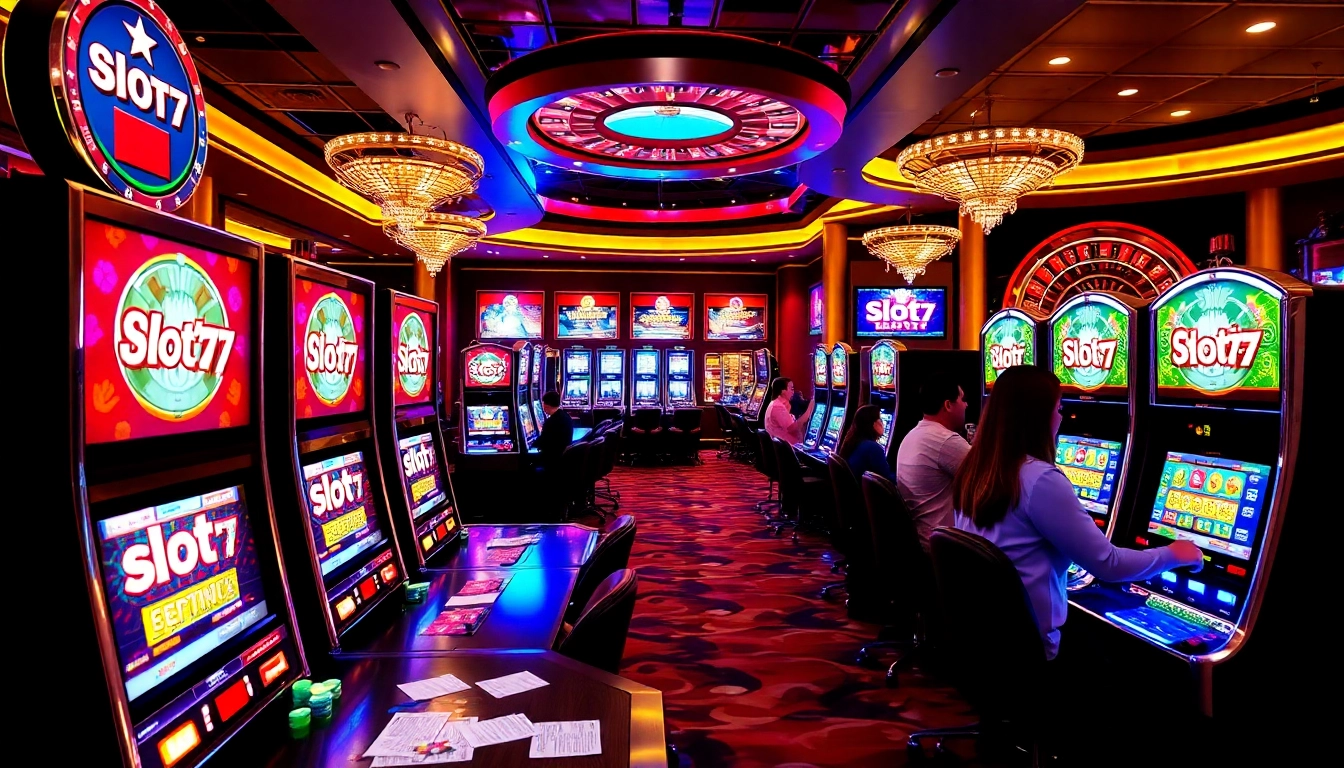 Players enjoying slot777 machines in a vibrant casino atmosphere full of excitement and luxury.