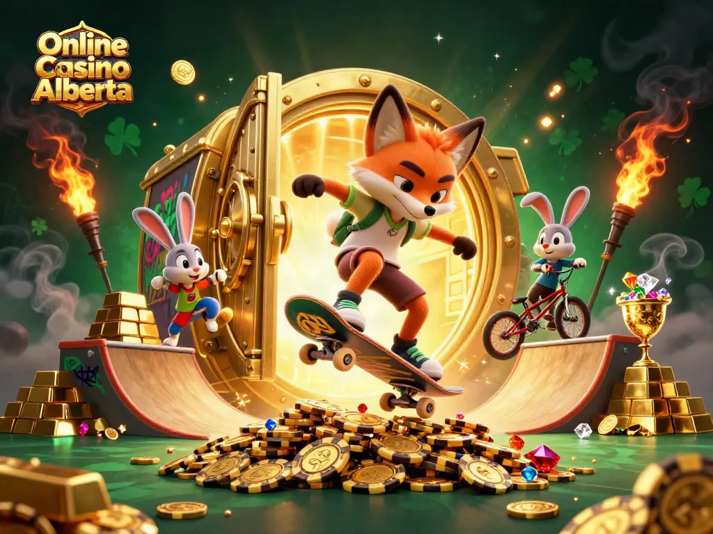 Experience the thrill of Online Casino Alberta with a skateboarder fox and rabbit amidst dazzling treasures.