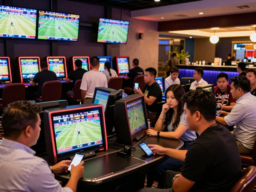 UU88 bettors engaging with live sports betting screens, excitedly placing wagers in a vibrant casino atmosphere.