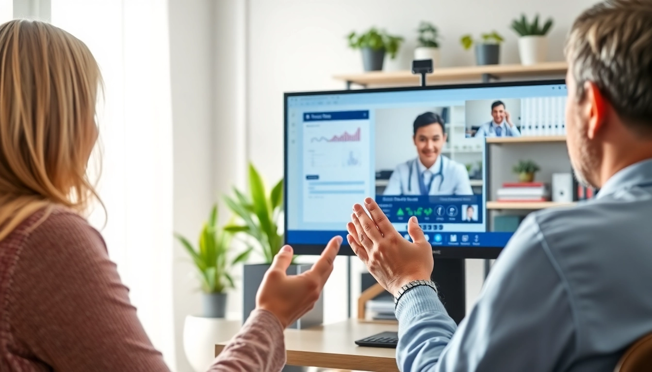 Engaging low cost telemedicine consultation between a doctor and a patient via video call in a cozy office setting.