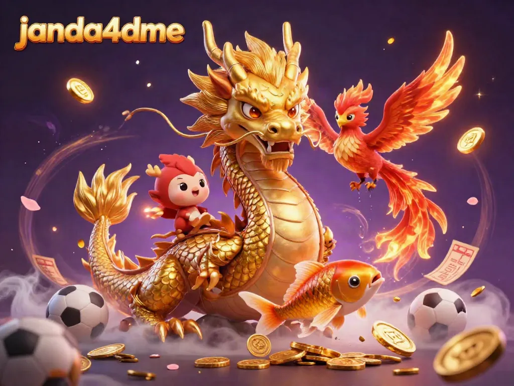 Menawarkan pengalaman bertaruh di janda4dme dengan naga emas dan phoenix, dikelilingi elemen taruhan.