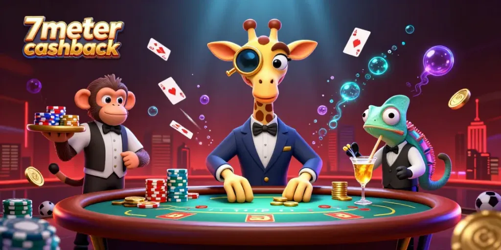 Experience the thrilling excitement of 7meter cashback with a lively 3D casino scene showcasing vibrant characters and dynamic game elements.
