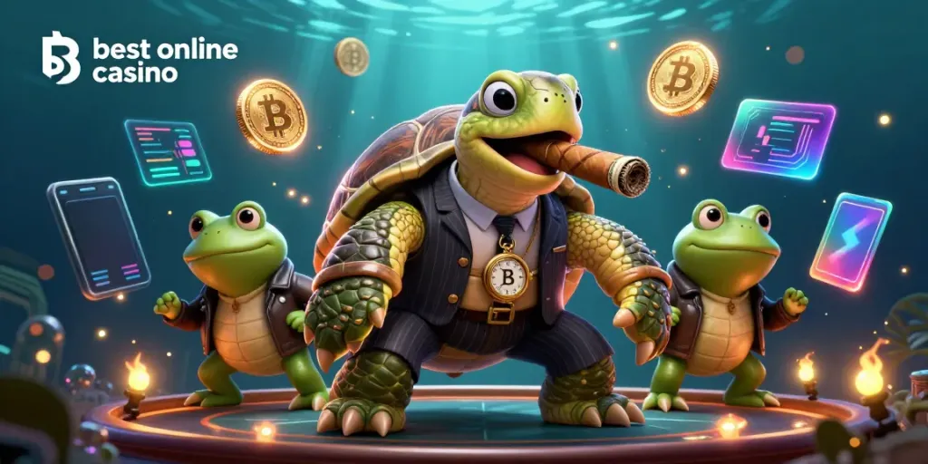 Experience the thrill at the best online casino featuring a massive turtle mobster and bullfrog enforcers.