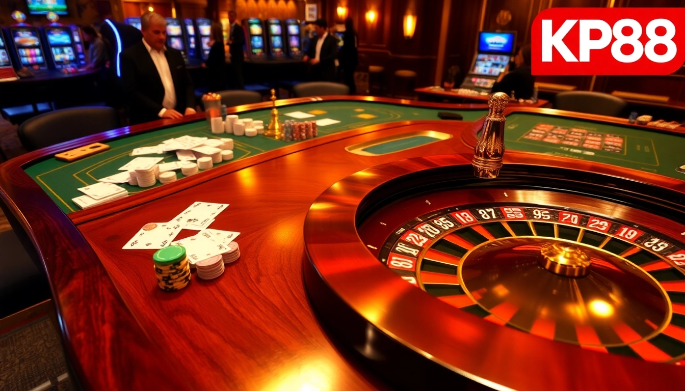 Players reveling at a KP88 poker table, showcasing vibrant chips, cards, and luxury ambiance.
