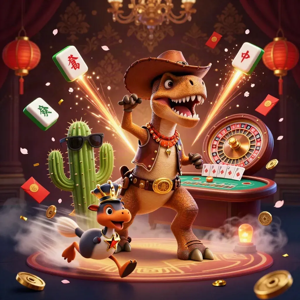 3D cowboy T-Rex, cactus sidekick, and roadrunner amid casino magic and gold light