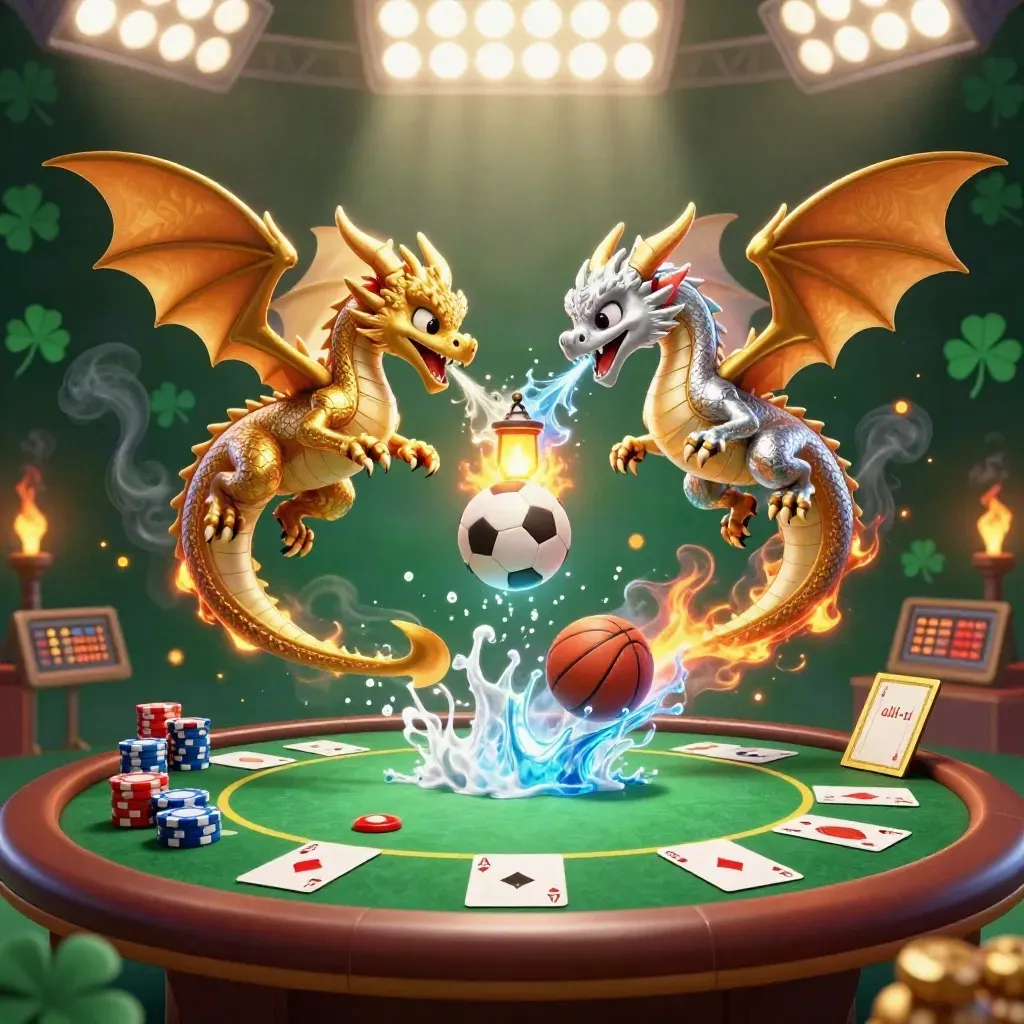 Gold and silver dragons swirl around sports balls, chips, cards, and casino lights.