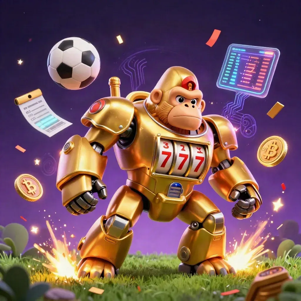 Golden gorilla mech, monkey pilot, balls, coins, and neon casino energy in a dark purple starfield.