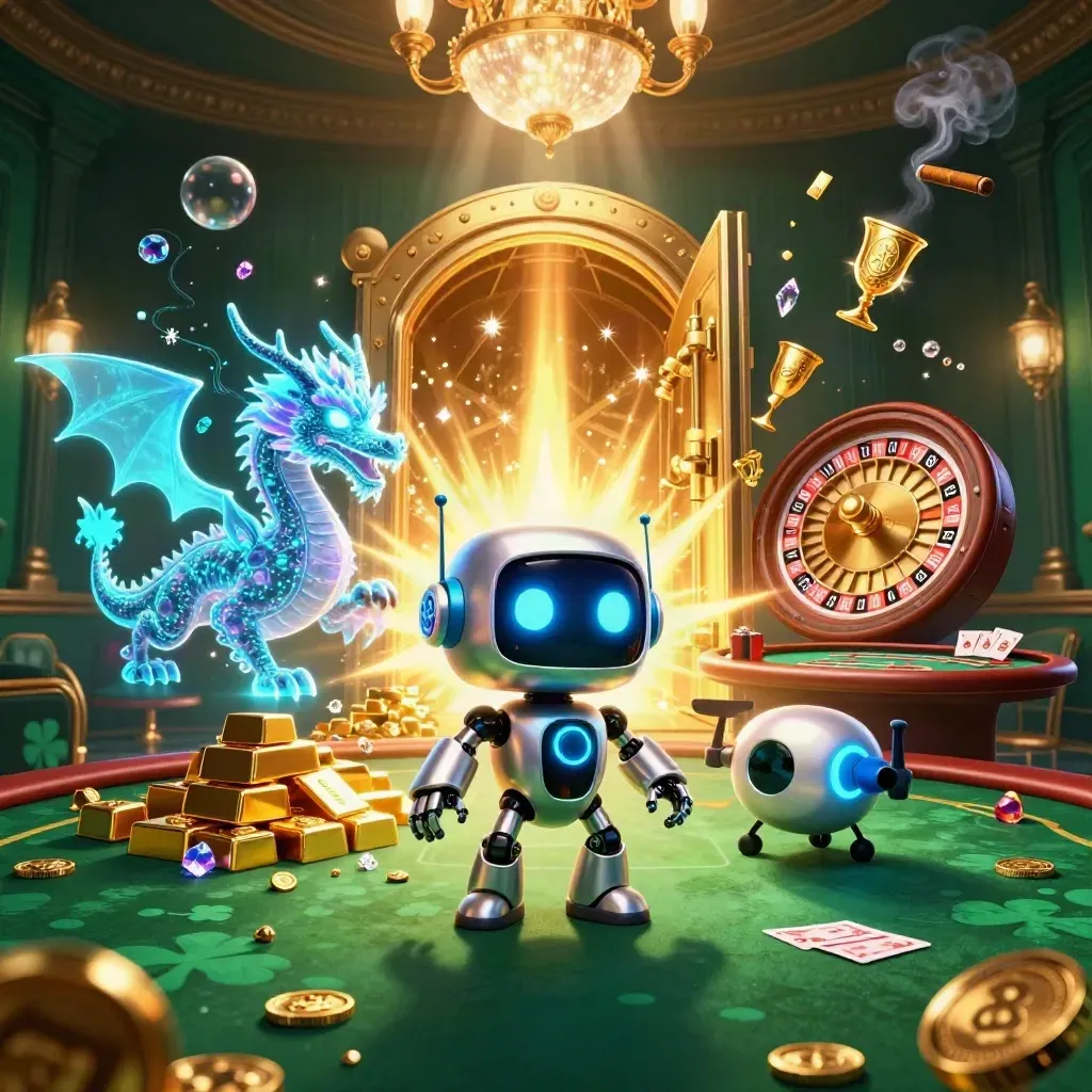 Cyberpunk robot, holographic dragon, and coin drone by a glowing vault in a luxe casino scene.