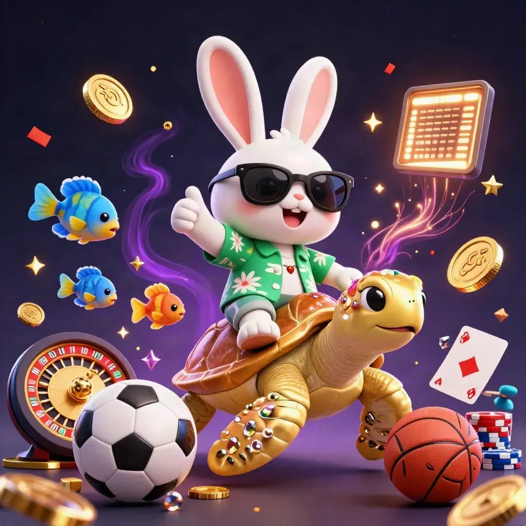 Lucky rabbit on a jeweled turtle amid casino chips, coins, cards, and sports balls in a night burst