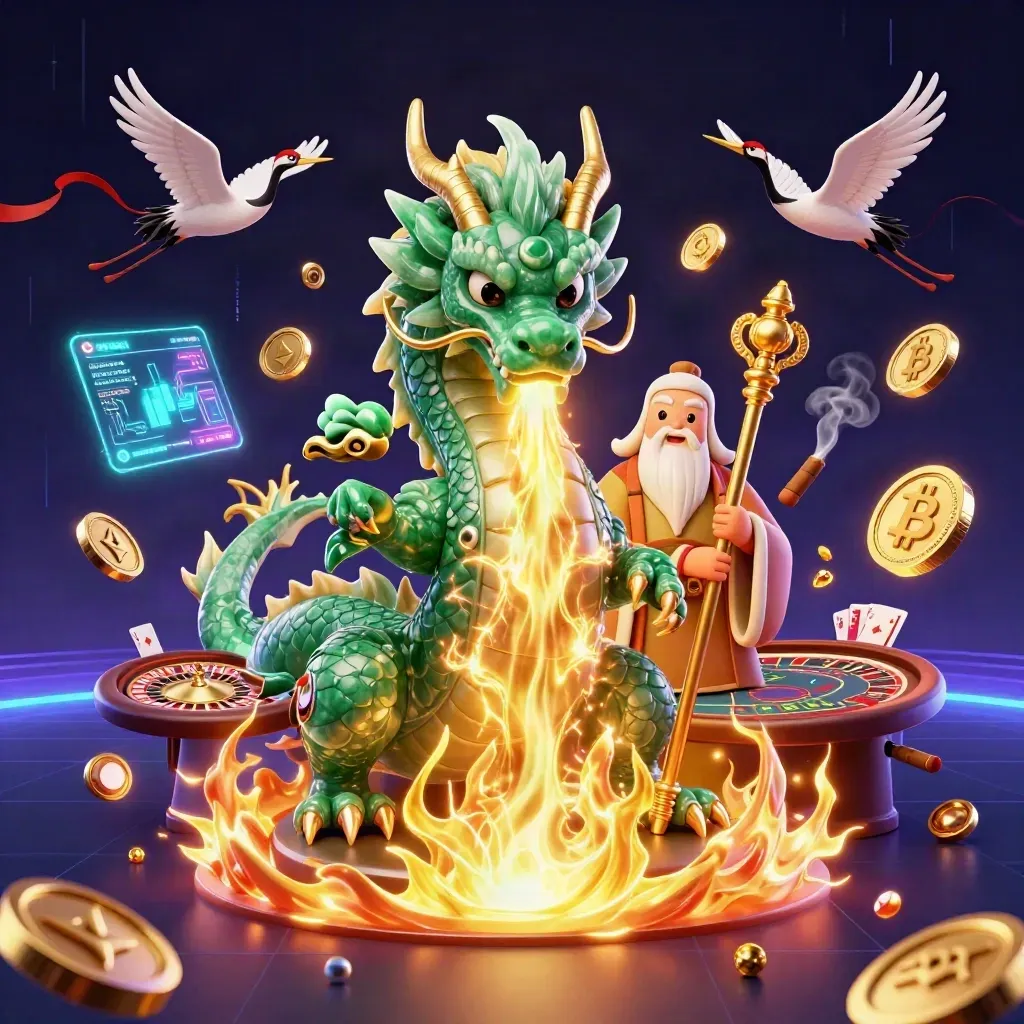 Emerald dragon, turtle sage, and cranes amid neon casino magic and gold fire.