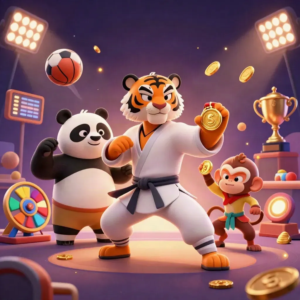 Kung-fu tiger, panda, and monkey amid roulette, balls, trophy, coins, and casino lights.