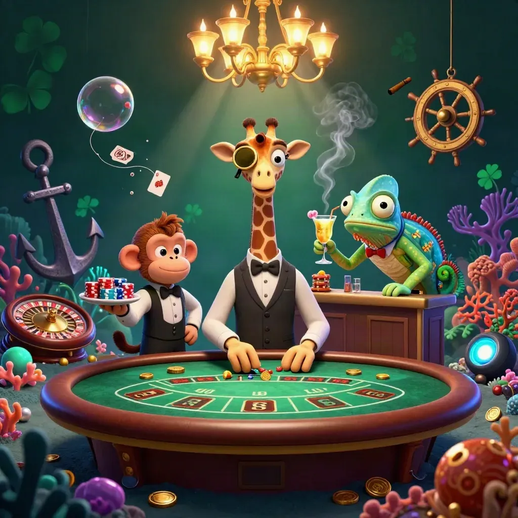 Suit-clad giraffe, monkey valet, and chameleon bartender in a luxe casino-undersea treasure scene.