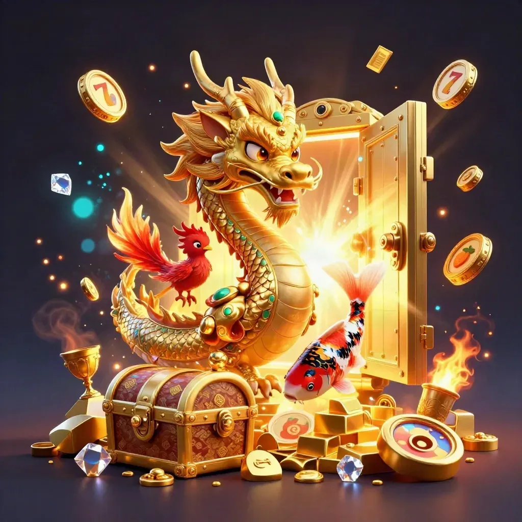 Golden dragon, phoenix, and koi erupt from a treasure vault with coins and gems in a navy casino scene.