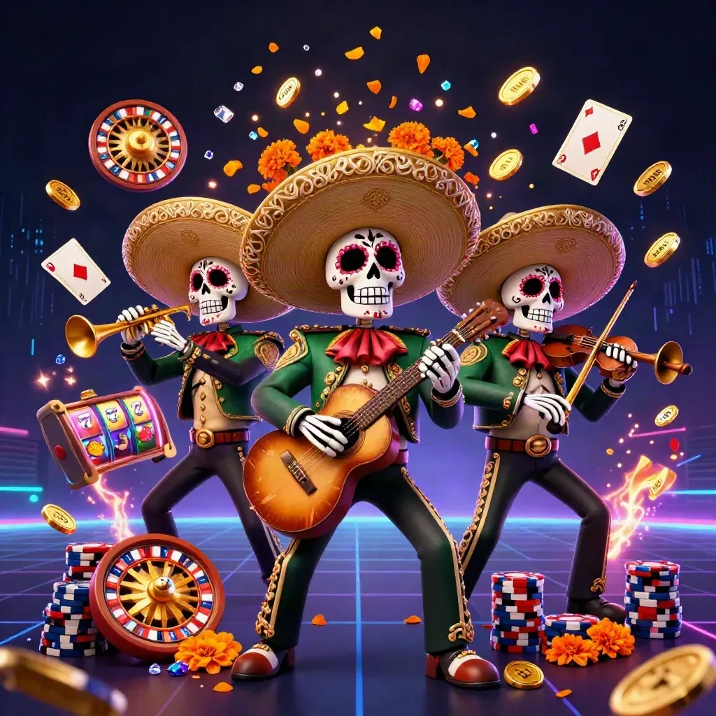 Skeleton mariachi trio with gold coins, roulette wheel, chips, and neon casino effects