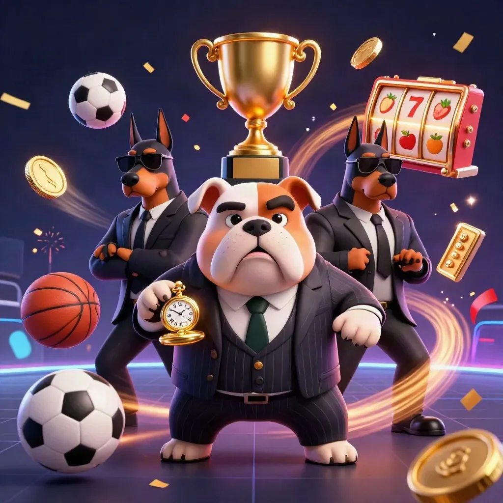Cartoon bulldog boss with two Dobermans amid coins, balls, trophy, neon casino effects.