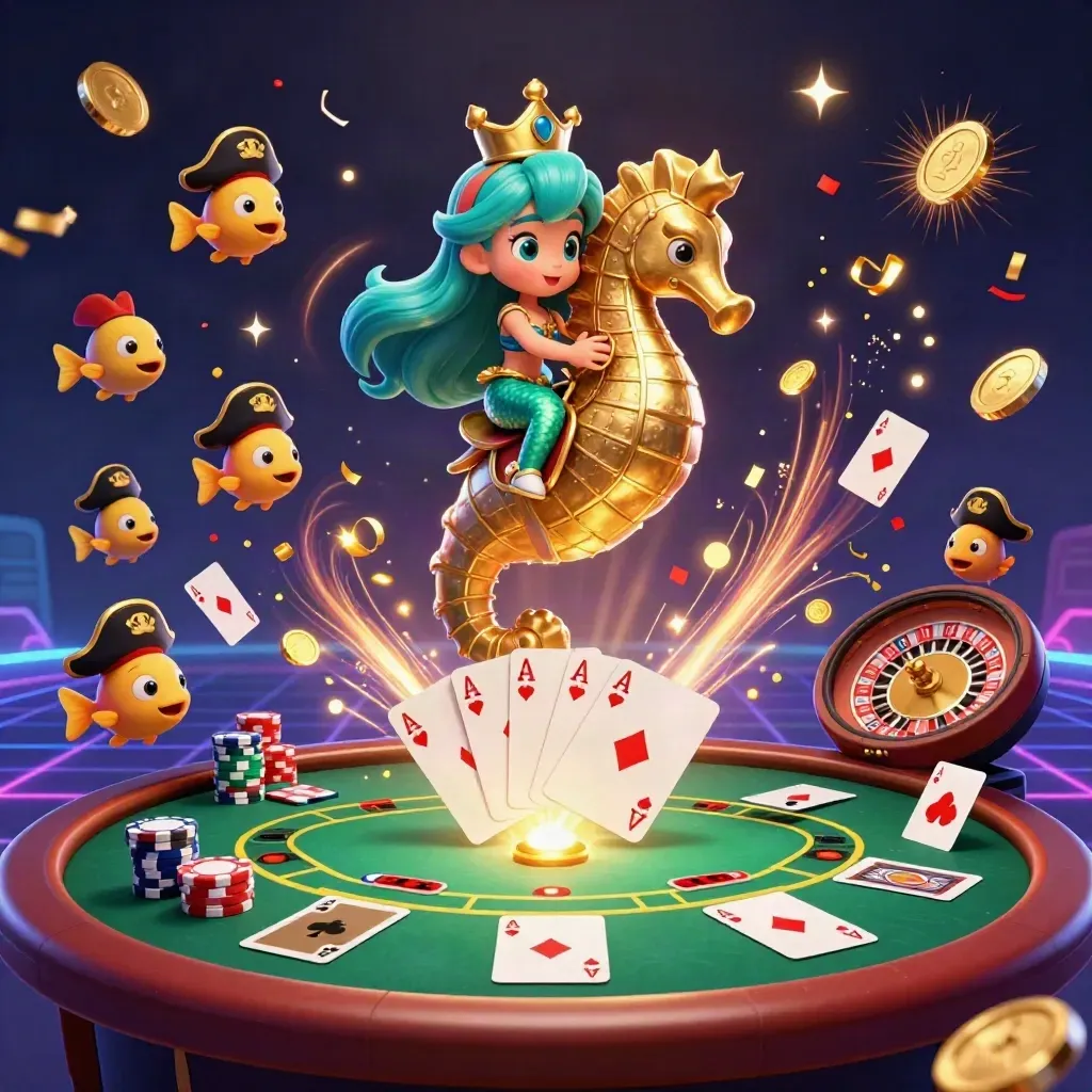 Mermaid princess on armored seahorse amid chips, coins, fireworks, cards, and casino tables