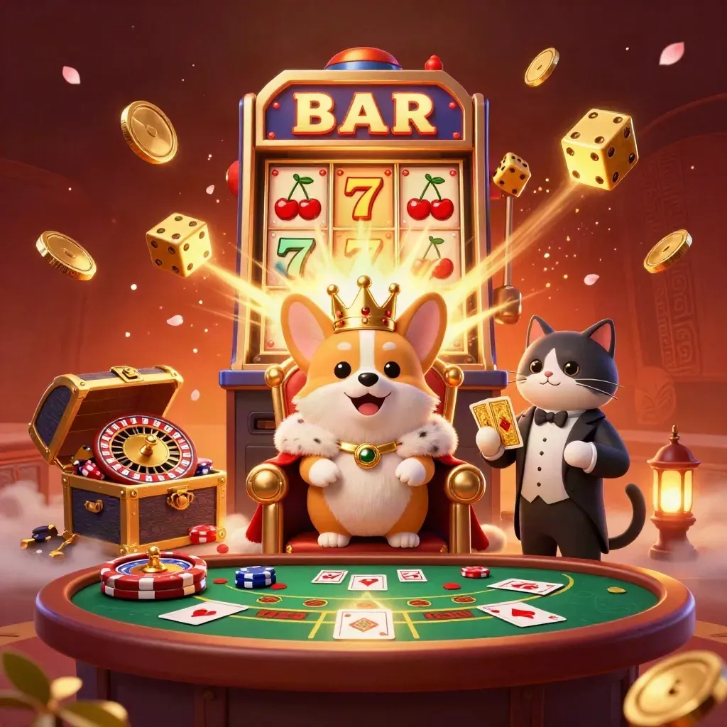 Royal corgi and cat butler amid a bursting slot, coins, dice, and casino jackpot fireworks.