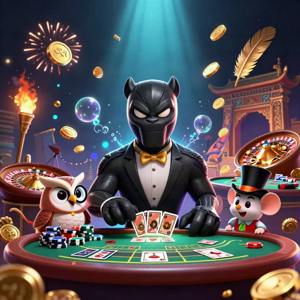 Panther dealer, owl gambler, and mouse amid coins, fireworks, roulette, and glowing casino treasure