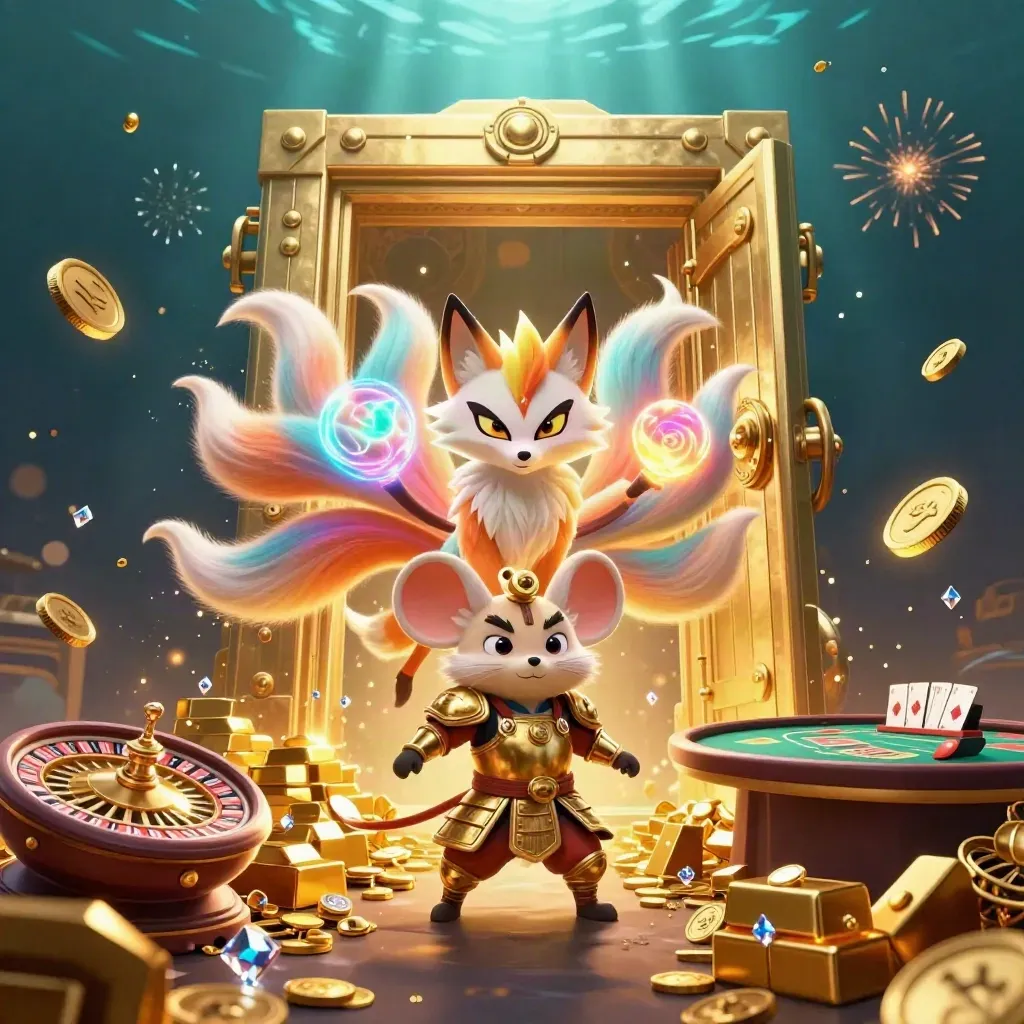 Fox spirit and samurai mouse amid a bursting vault, gold, gems, and casino lights.
