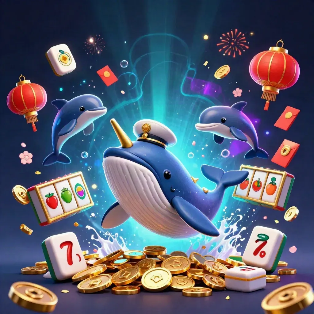 Whale captain, narwhal and dolphins amid coins, lanterns, reels and lucky sevens in luxe casino glow.