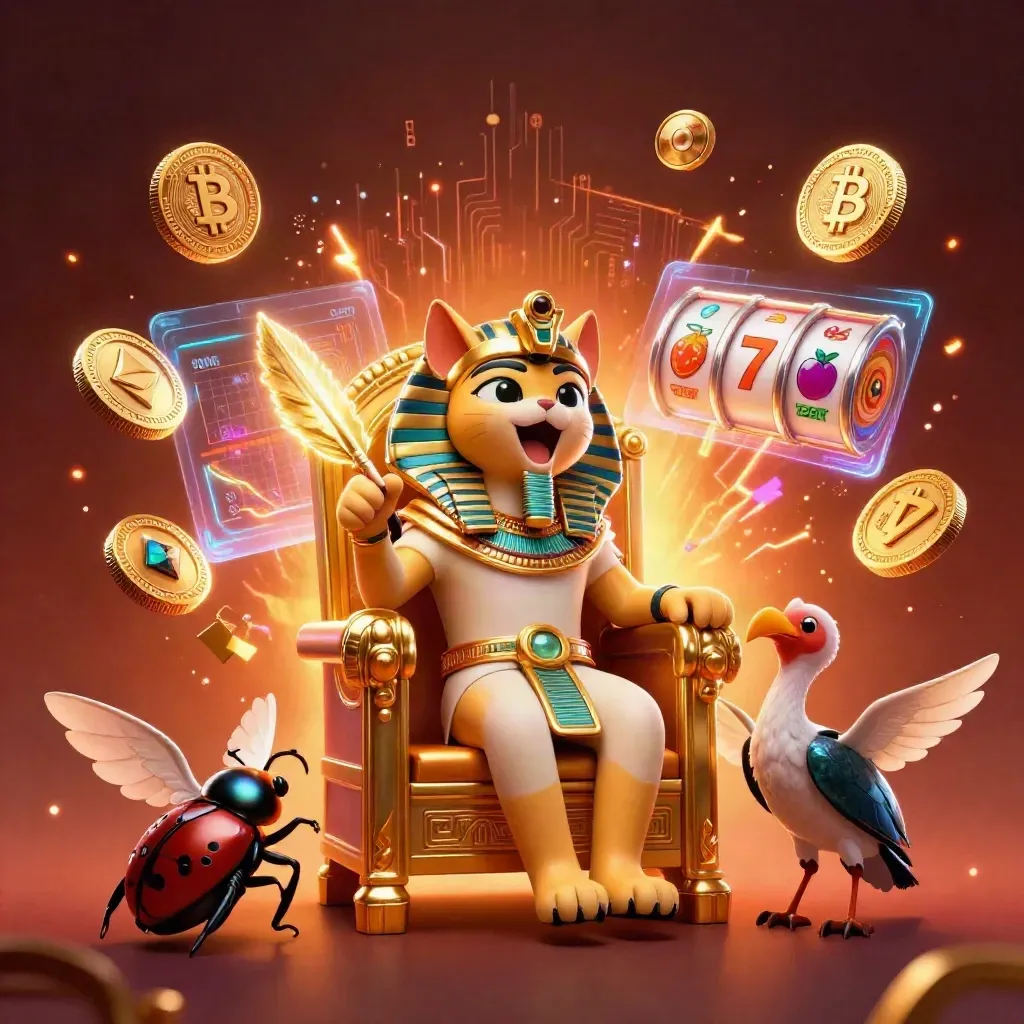Pharaoh cat, ibis scribe and scarabs amid neon coins, reels and ember-lit casino energy.