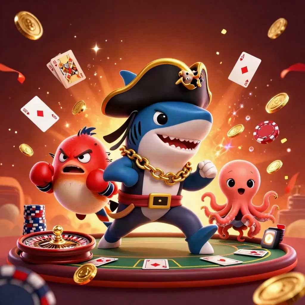 Shark pirate, boxing pufferfish, and juggling octopus amid casino gold and roulette lights