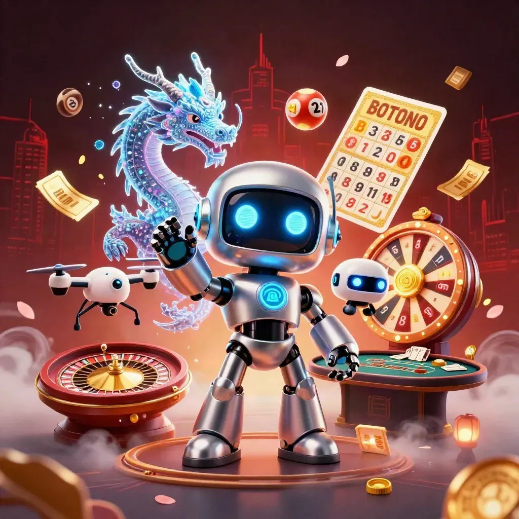 Cyberpunk robot, holographic dragon and coin drone amid casino rewards on a dark luxe backdrop.