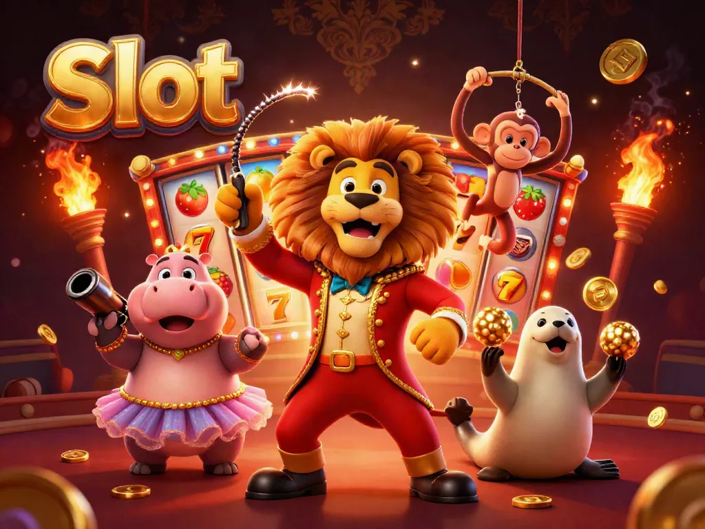 Slot dalam ilustrasi kartun 3D menampilkan pengendali singa, membakar koin emas dan simbol buah yang terbang.