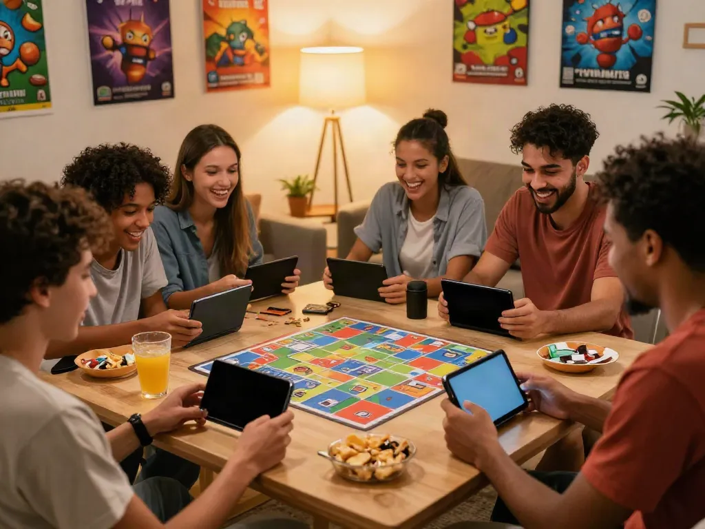 Friends enjoying Rumble Rummy together on smartphones in a lively living room setting.