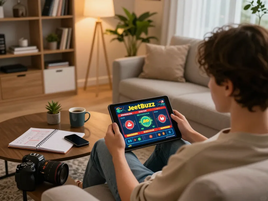Jeetbuzz app shown on tablet while a player engages in online casino gaming at home